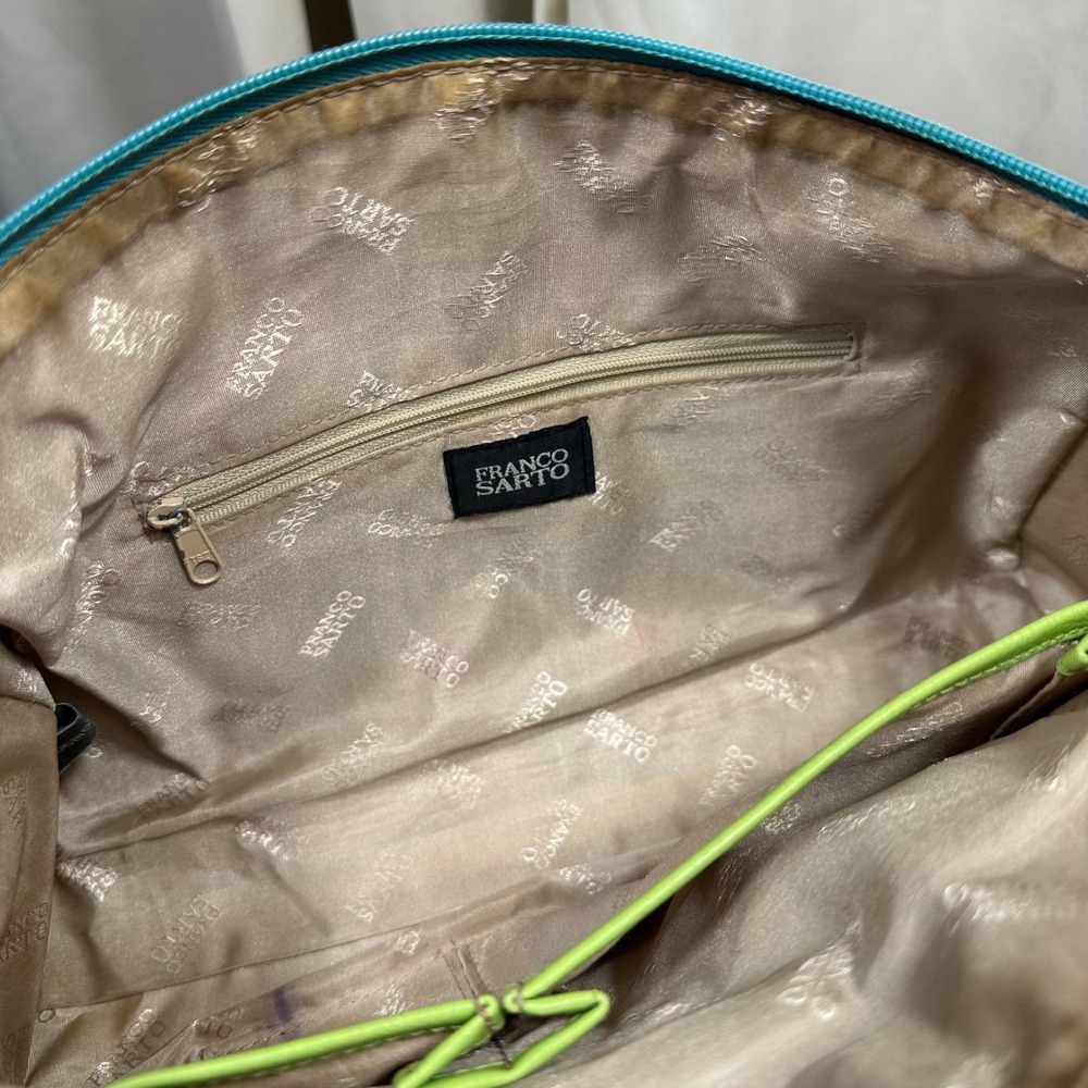 Franco Sarto Satchel Bag Womens Medium Lime Green Leather Blue Trim Excellent - Picture 7 of 8